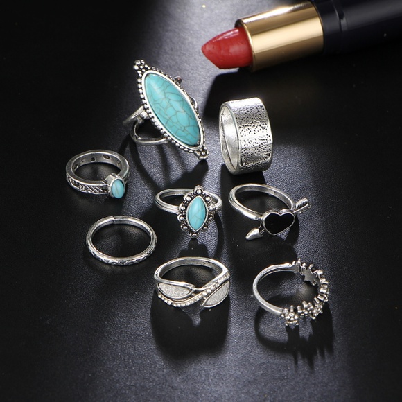 Bella Smyle Jewelry Rs3 8pcs Boho Silver Ring Set Turquoise Stones Poshmark